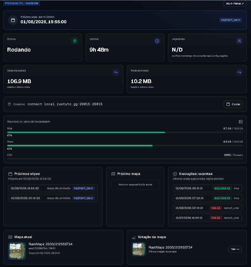 Status, uptime, recursos, próximo wipe e mapa atual em uma tela.